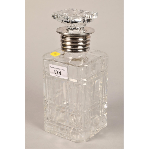 174 - A heavy square cut glass decanter and stopper with silver collar, 20cm. SJR / S. J. Rose & Son  ... 