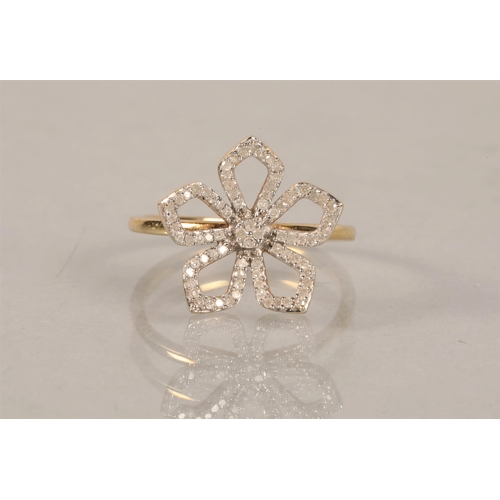 55 - Ladies 9 ct gold Diamond set flower head ringring size o