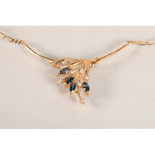 78 - 9ct Gold necklace with branch design pendant set with Diamonds & Sapphires