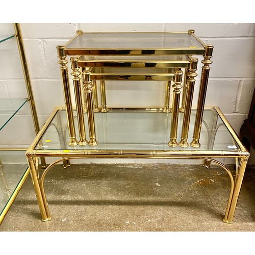 570 - Nest of brass and glass tables, matching lounge table and glass display shelves