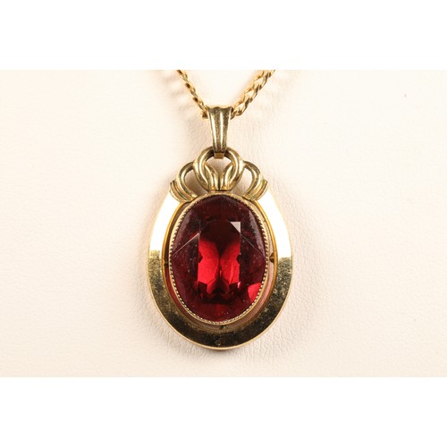 80 - 9ct gold chain with red stone pendent8.7 grams