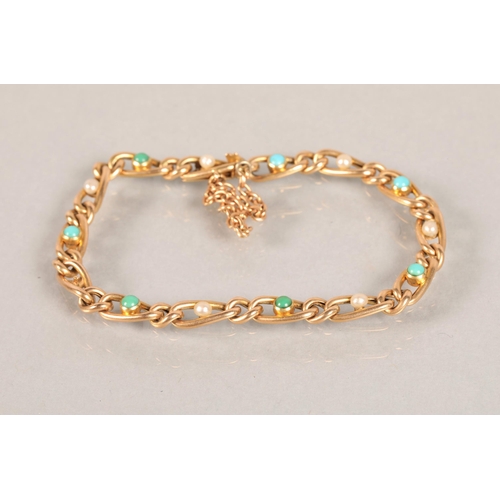 83 - 15ct gold bracelet set with opaque blue stones/turquoise and seed pearls8 grams