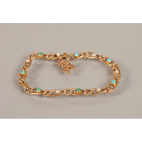 83 - 15ct gold bracelet set with opaque blue stones/turquoise and seed pearls8 grams