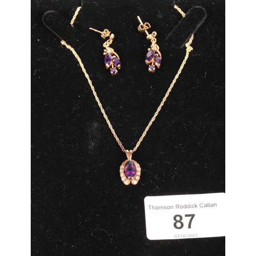 87 - 14ct gold chain and pendant set with white stones and purple, and pair matching earrings set with pu... 