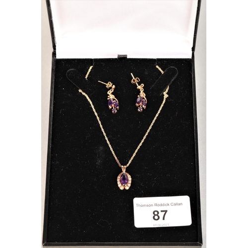 87 - 14ct gold chain and pendant set with white stones and purple, and pair matching earrings set with pu... 