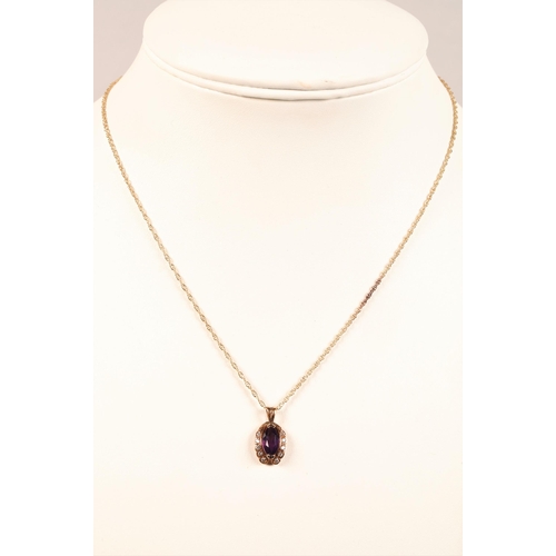 87 - 14ct gold chain and pendant set with white stones and purple, and pair matching earrings set with pu... 