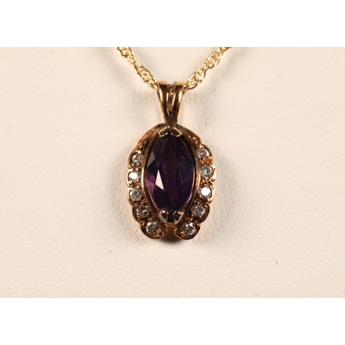 87 - 14ct gold chain and pendant set with white stones and purple, and pair matching earrings set with pu... 