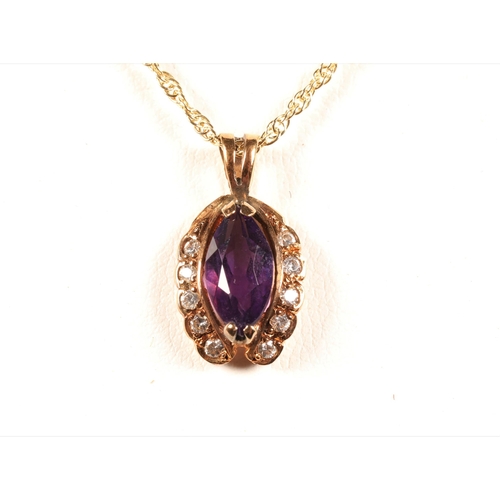 87 - 14ct gold chain and pendant set with white stones and purple, and pair matching earrings set with pu... 