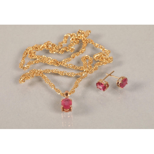 89 - 9ct gold chain with pink stones set pendant, and pair matching pink stone earrings