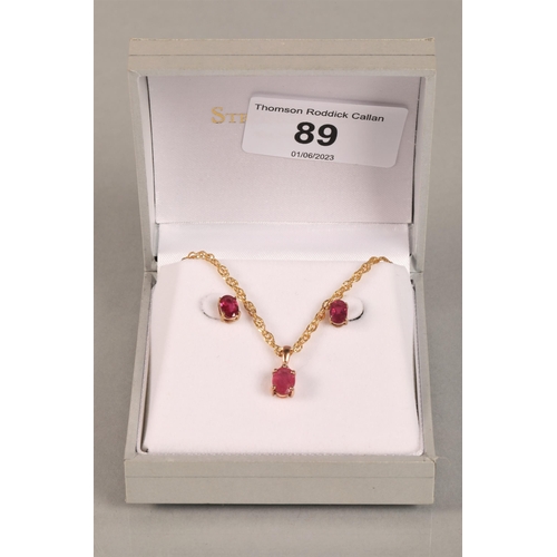 89 - 9ct gold chain with pink stones set pendant, and pair matching pink stone earrings