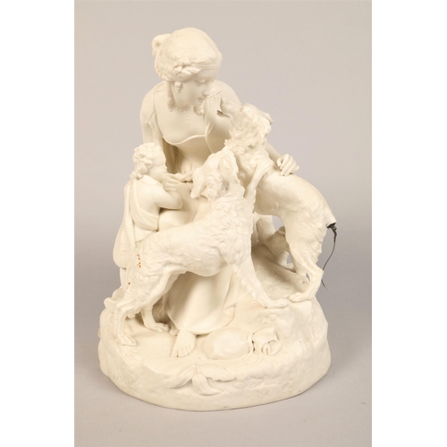 266 - Parian ware figure of a mother and child with two dogs, and another similar