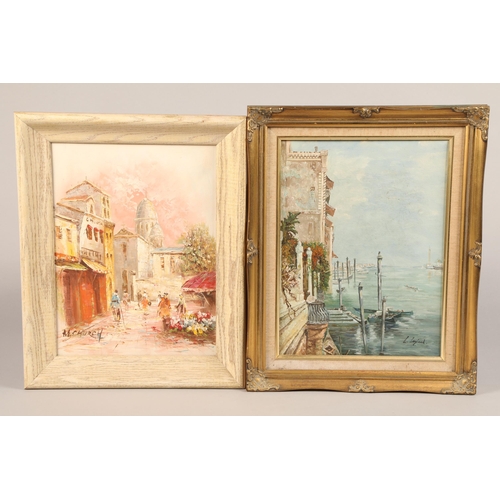 361 - Set of three (3) oil on canvas, European scenes including Venice and Paris/Moulin Rouge, largest 73c... 