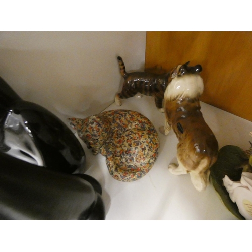 422 - Various cat ornaments including 1950s Long necked cat, also Collie dog figure.