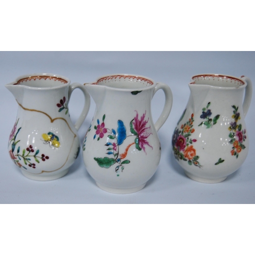 251 - Three 18th century first period Worcester sparrow beak cream jugs, decorated with polychrome enamel ... 