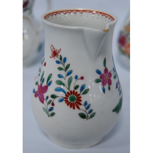 251 - Three 18th century first period Worcester sparrow beak cream jugs, decorated with polychrome enamel ... 