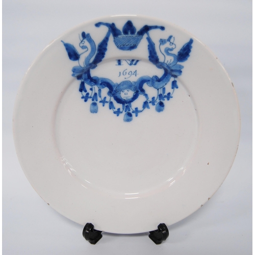 260 - 17th century William & Mary period English blue and white Delft plate with blue underglazed crow... 