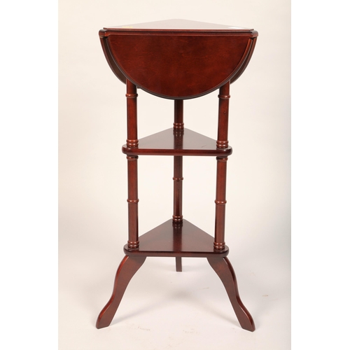 406 - Mahogany three sided drop-leaf side table/plant stand with two shelves (32cm d, 74cm h)