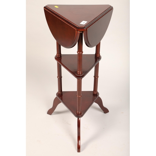 406 - Mahogany three sided drop-leaf side table/plant stand with two shelves (32cm d, 74cm h)