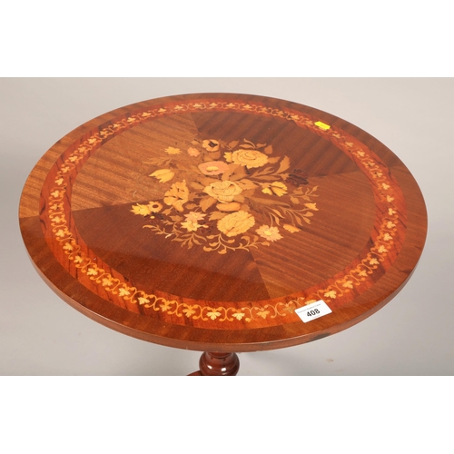 408 - Marquetry inlaid occasional table with floral design (55cm d 63.5cm h)