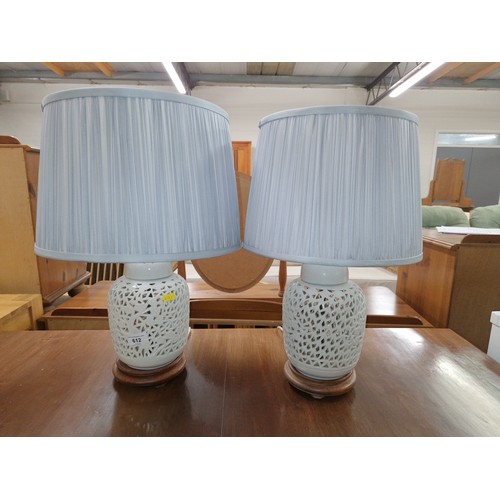 612 - Pair contemporary oriental punched porcelain style table lamps