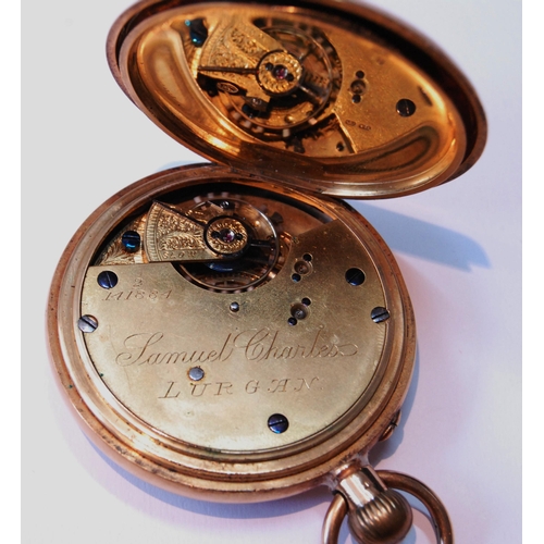 159 - 18ct gold hunter pocket watch by Samuel Charles, Lurgan (Northern Ireland), no. 141884, the case dat... 