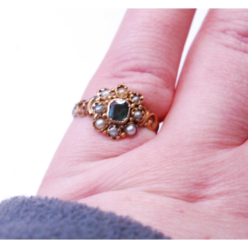 125 - Victorian 12ct gold emerald and seed pearl lady's cluster ring, hallmarks for Birmingham, date lette... 