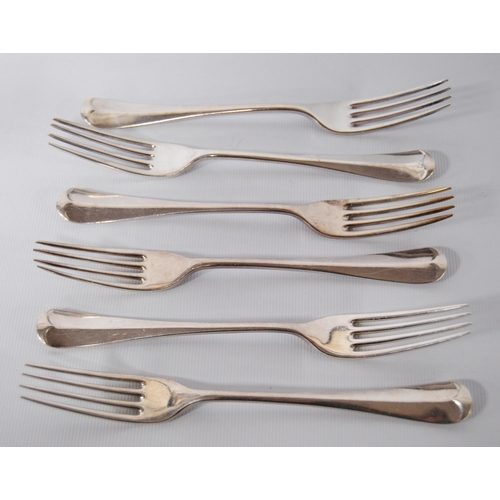 40 - Set of six silver entrée forks, hallmarks possibly for James Ramsay, Sheffield 1924-5, monogram to t... 