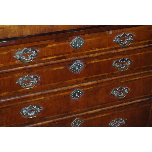 415 - 18th century walnut inlaid writing bureau, the fall front enclosing fitted drawers and pigeon holes ... 