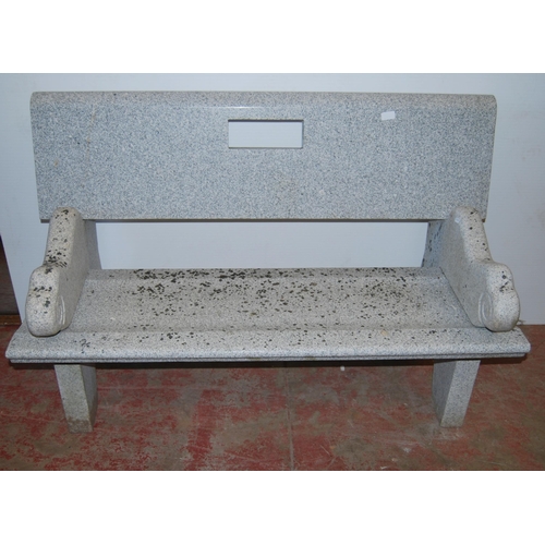 419 - Granite bench with detachable back rest, seat and scroll ends, approximately 86cm high, 131cm wide a... 