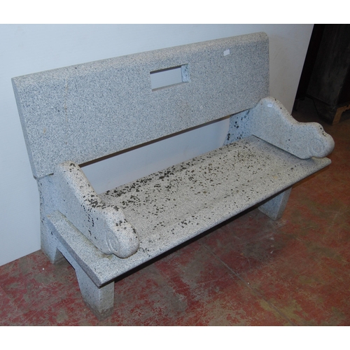 419 - Granite bench with detachable back rest, seat and scroll ends, approximately 86cm high, 131cm wide a... 