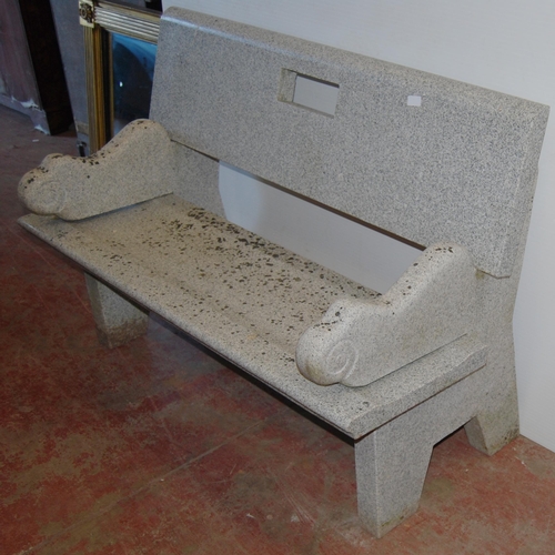 419 - Granite bench with detachable back rest, seat and scroll ends, approximately 86cm high, 131cm wide a... 