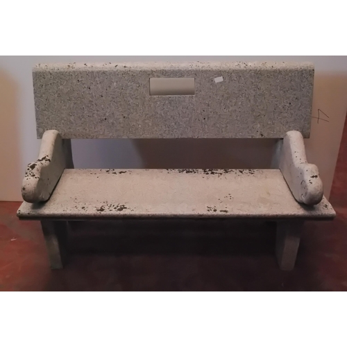 420 - Granite bench with detachable back rest, seat and scroll ends, approximately 86cm high, 131cm wide a... 