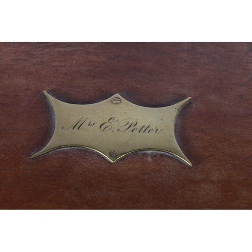 1 - 19th century mahogany hinged box with brass shaped plaque to top inscribed 'Ms E Potter', with drop ... 