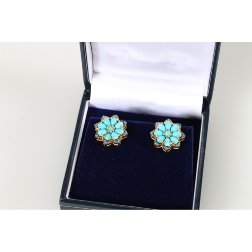 78 - Pair of turquoise and diamond flower-shaped studs, turquoise weight approximately 3.6ct, rose-cut di... 