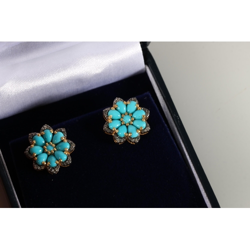 78 - Pair of turquoise and diamond flower-shaped studs, turquoise weight approximately 3.6ct, rose-cut di... 