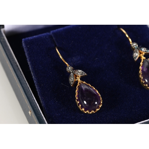 94 - Pair of 9ct yellow gold and silver cabochon amethyst and diamond drop earrings, 2cm.