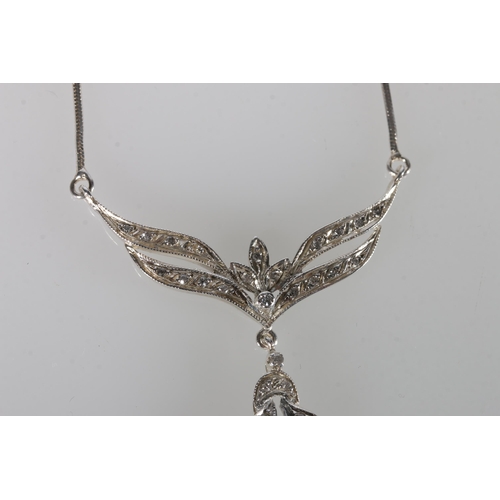 98 - Vintage-style silver 'winged' necklace set with rose-cut diamonds, 20cm, 8.5g gross.