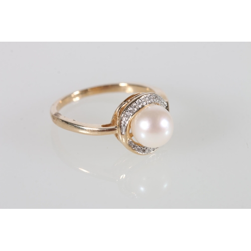 122 - 9ct gold cultured pearl and diamond half-moon ring, diamond weight approximately .05ct, size N, 2.8g... 