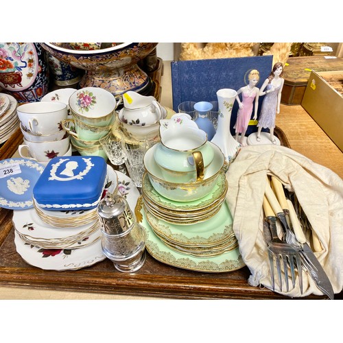 238 - A Collingwood part tea set, three pieces of wedgwood, coronation stamps 1953, and other decorative i... 