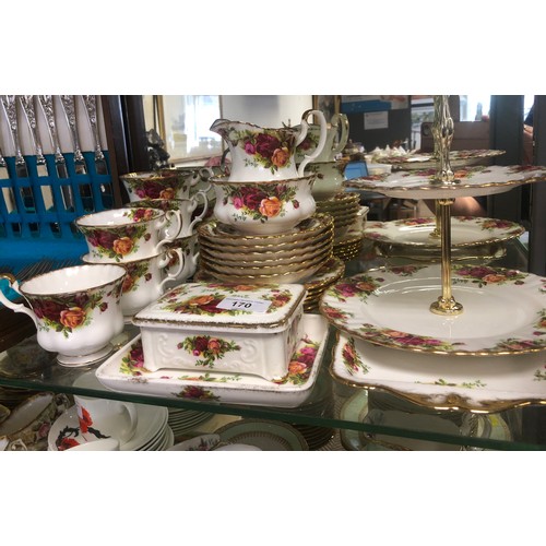 170 - Royal Albert Old Country Rose six place tea set, also two tier cake stand, trinket box etc.