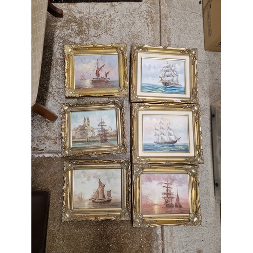 392 - Six gilt framed oil on boards/ canvas of ships (6)