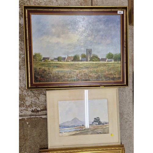 393 - Five framed pictures including,  oil on board by Koop, and a folder of artists watercolours