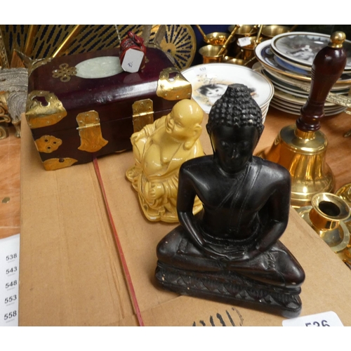 536 - Modern boxed Oriental figure, box and two Buddha figures. (4).