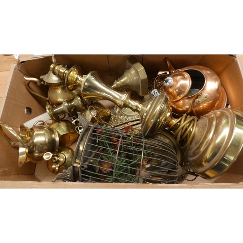 545 - Two boxes of copper and brass ware.