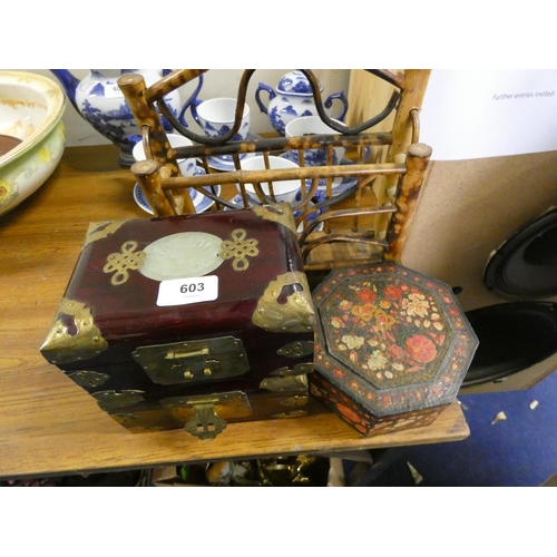 603 - Two brass bound Oriental boxes, a magazine rack etc.