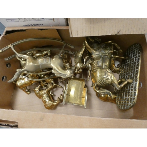 636 - Box of brass horses also a brass rocking horse etc