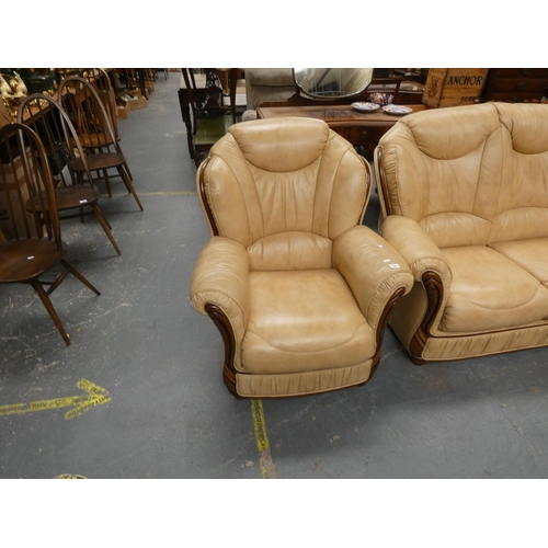 693 - Three seater cream sofa with two chairs.