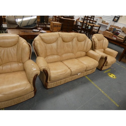 693 - Three seater cream sofa with two chairs.