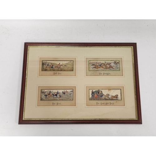 165 - Thomas Stevens (Coventry and London), collage of four hunting themed needlepoint silk panels, titled... 