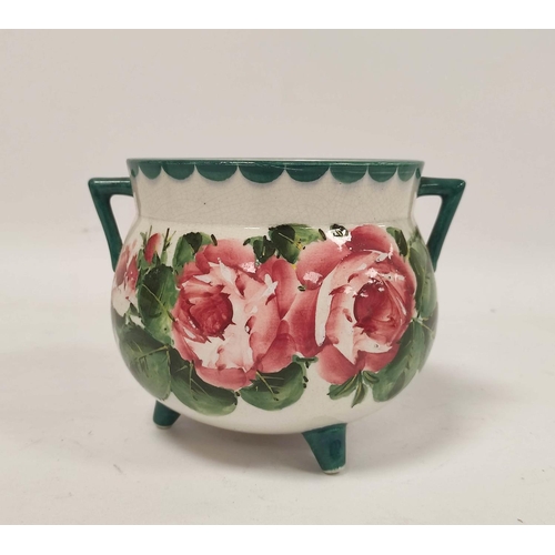 260 - Wemyss Ware Scottish Pottery pink cabbage rose pattern jardinière in the form of a cauldron, with tw... 